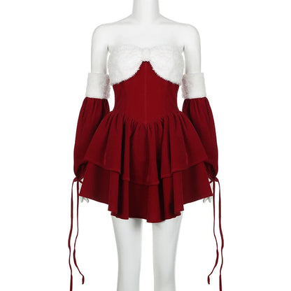 Contrast Patchwork Kawaii Mini Dress Red Black Party Evening Aesthetic Dresses Lolita Slim Aline Robe Christmas