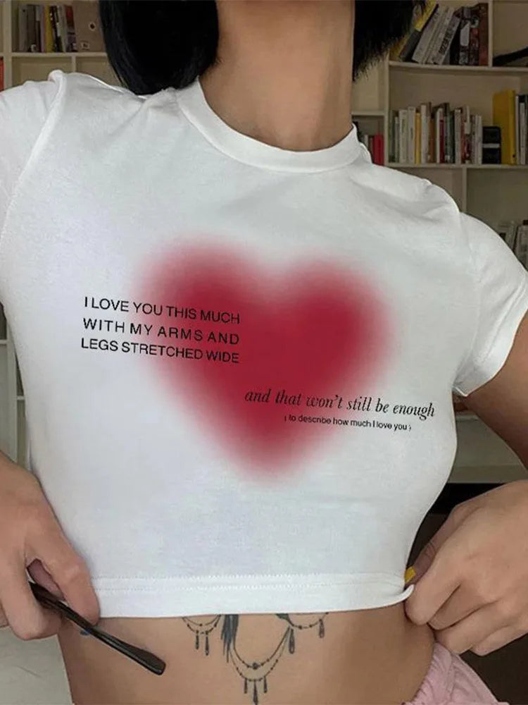 Aesthetic Heart Print T-shirt Anime Letter Kawaii 90’s Crop Tops Summer Short Sleeve Tees Kpop Y2k Clothes Lady