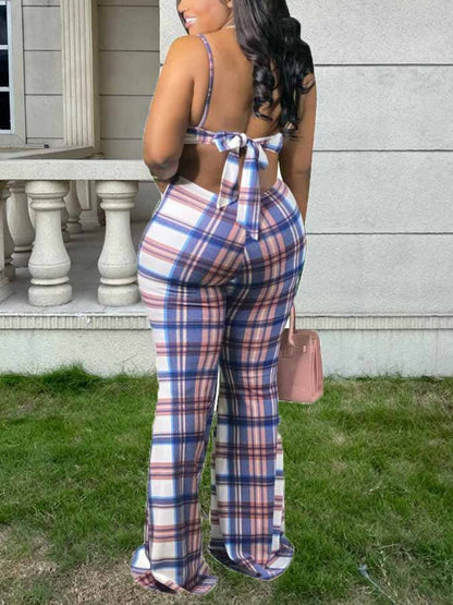 Plaid Print Backless Flared Jumpsuit At9044