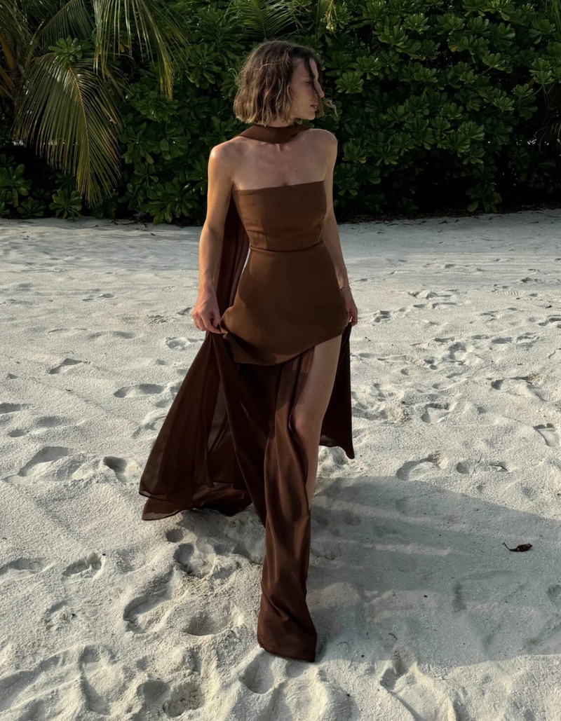 Albarine | Asymmetric Overlay Chiffon Maxi Dress