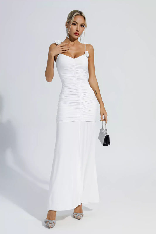 Alia White Ruched Slip Maxi Dress