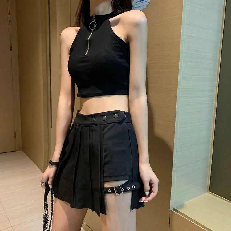 Tartan Red Pleated Streatwear Plaid Side Button Mini Skirt