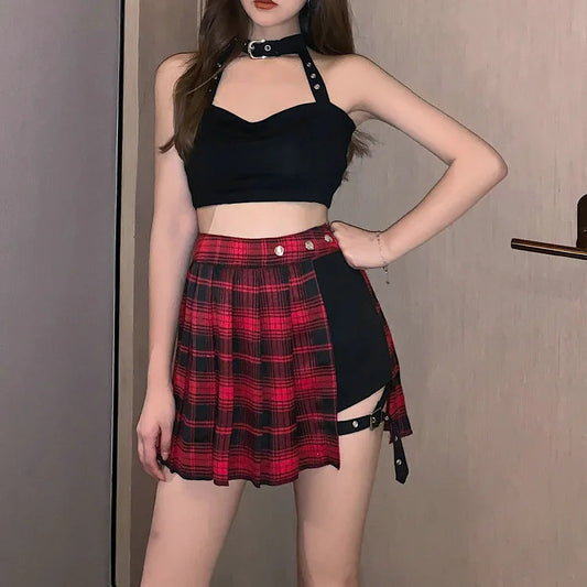 Tartan Red Pleated Streatwear Plaid Side Button Mini Skirt