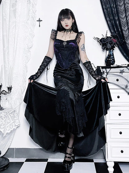 Trumpet Mall Goth Florals Patchwork High Waist Aesthetic Fairycore Skirt