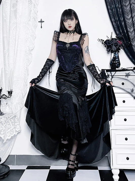 Trumpet Mall Goth Florals Patchwork High Waist Aesthetic Fairycore Skirt