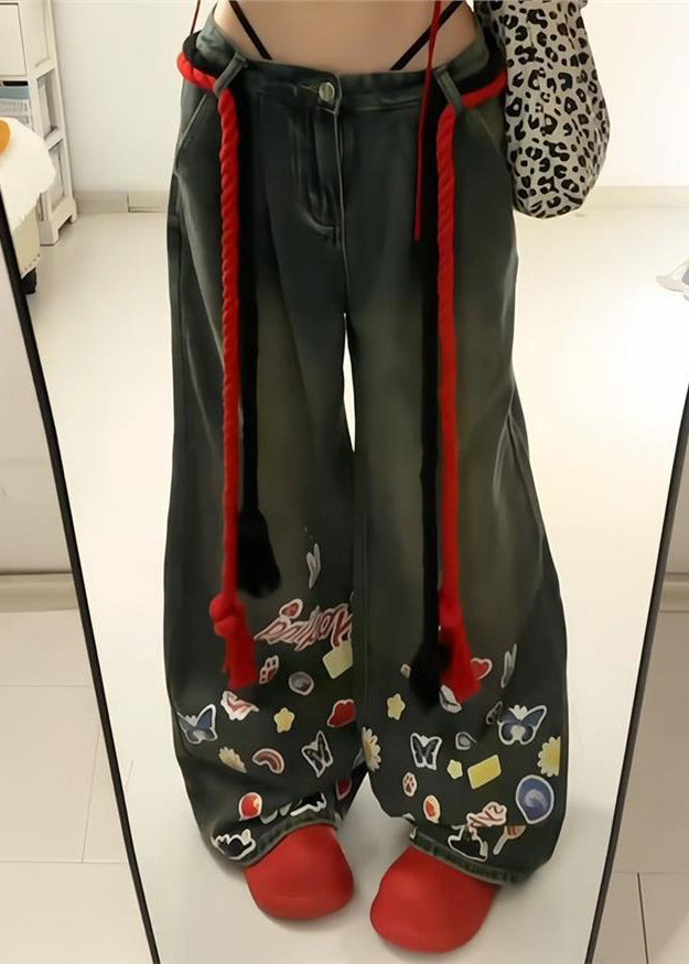 American Graffiti Blue Denim Wide Leg Pants Autumn Wp054