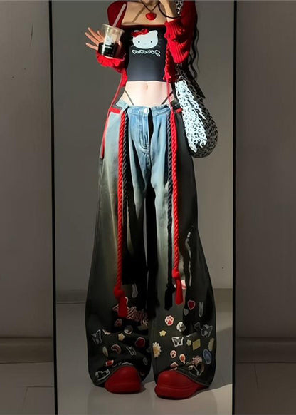 American Graffiti Blue Denim Wide Leg Pants Autumn Wp054