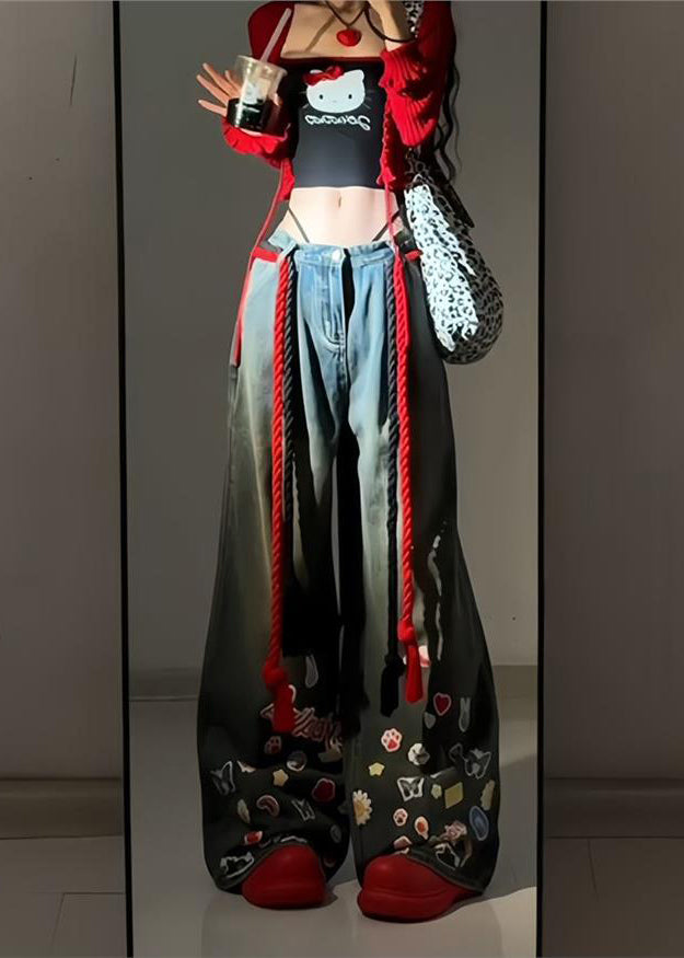 American Graffiti Blue Denim Wide Leg Pants Autumn Wp054