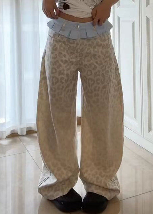 American Style Beige Leopard Patchwork Denim Pants Fall Wp043
