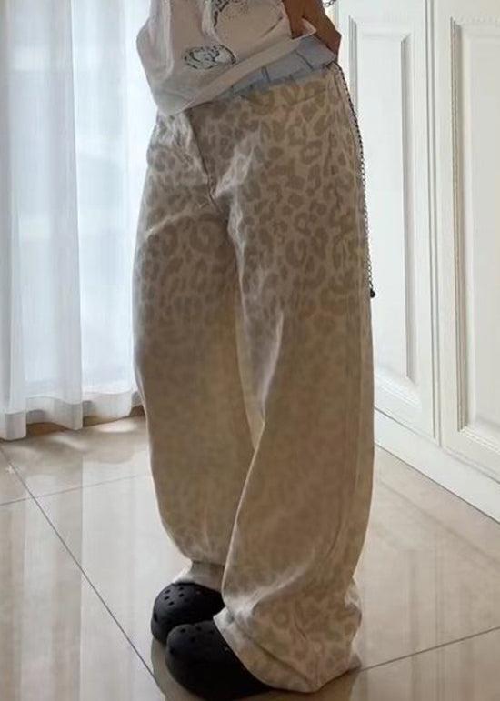 American Style Beige Leopard Patchwork Denim Pants Fall Wp043