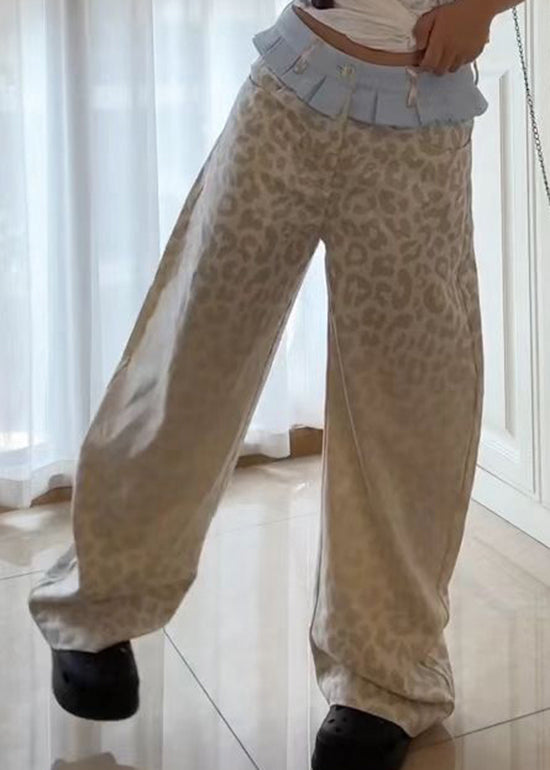 American Style Beige Leopard Patchwork Denim Pants Fall Wp043