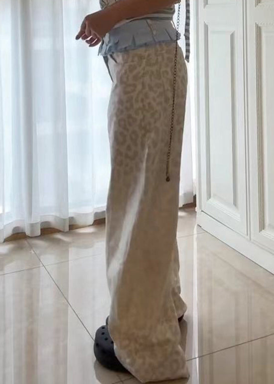 American Style Beige Leopard Patchwork Denim Pants Fall Wp043