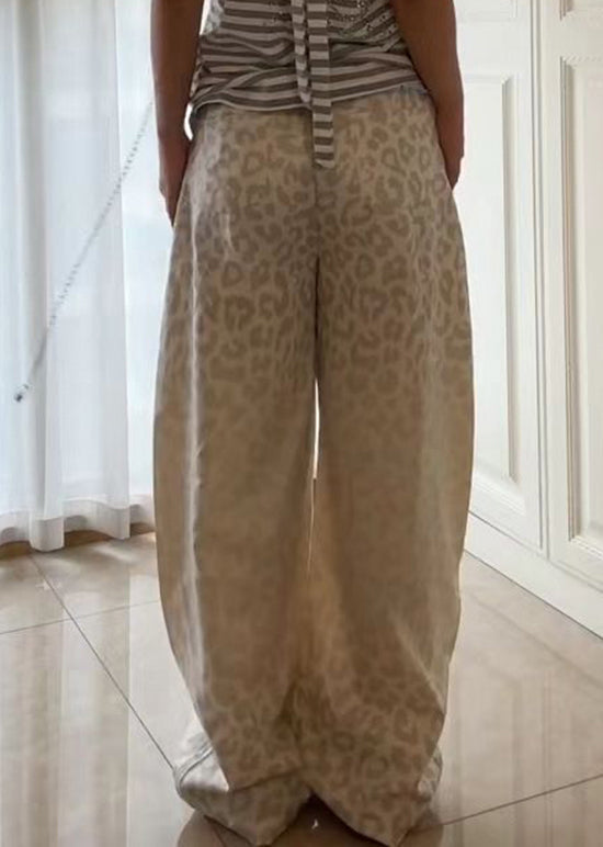 American Style Beige Leopard Patchwork Denim Pants Fall Wp043