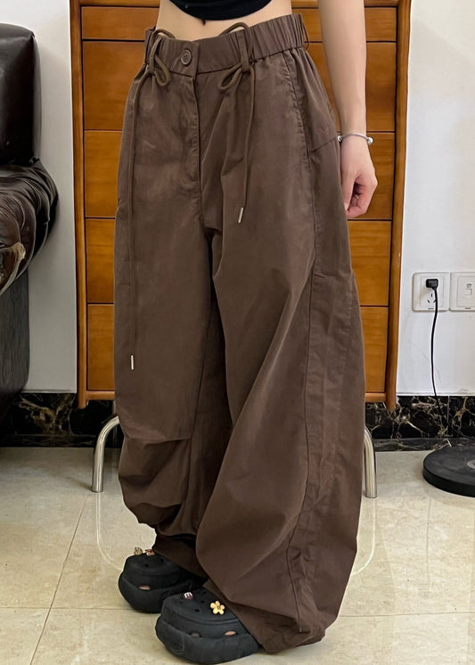 American Style Brown Pockets Wrinkled Cotton Pants Fall Wp026