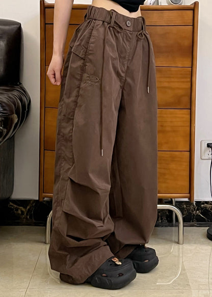American Style Brown Pockets Wrinkled Cotton Pants Fall Wp026