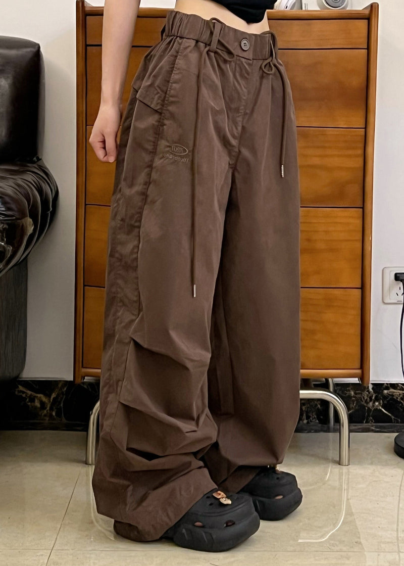 American Style Brown Pockets Wrinkled Cotton Pants Fall Wp026