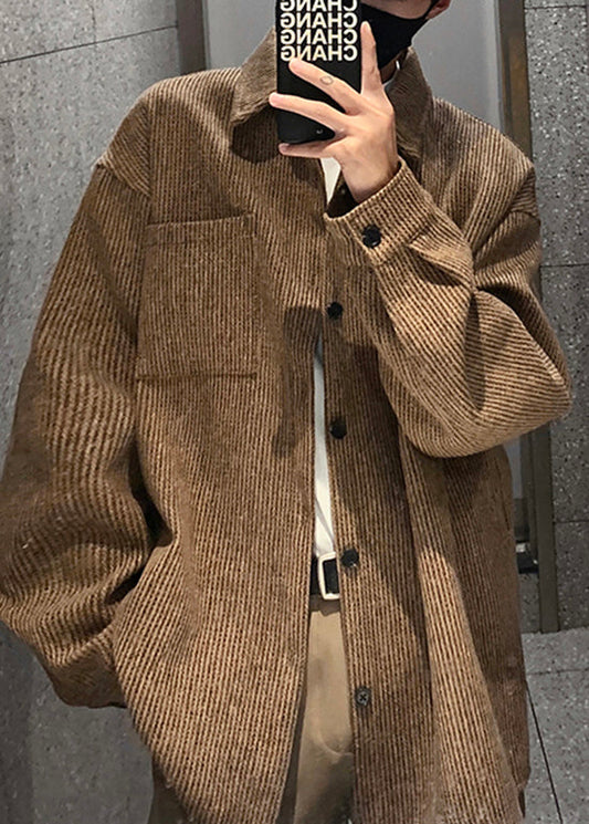 American Style Coffee Peter Pan Collar Pockets Corduroy Shirts Coat Fall Ro018