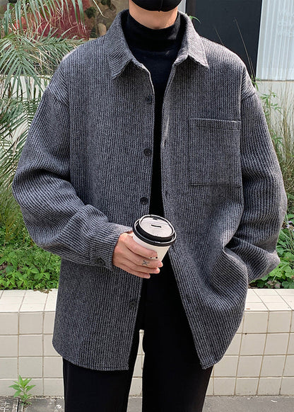 American Style Coffee Peter Pan Collar Pockets Corduroy Shirts Coat Fall Ro018