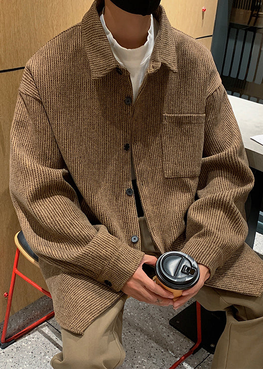 American Style Coffee Peter Pan Collar Pockets Corduroy Shirts Coat Fall Ro018