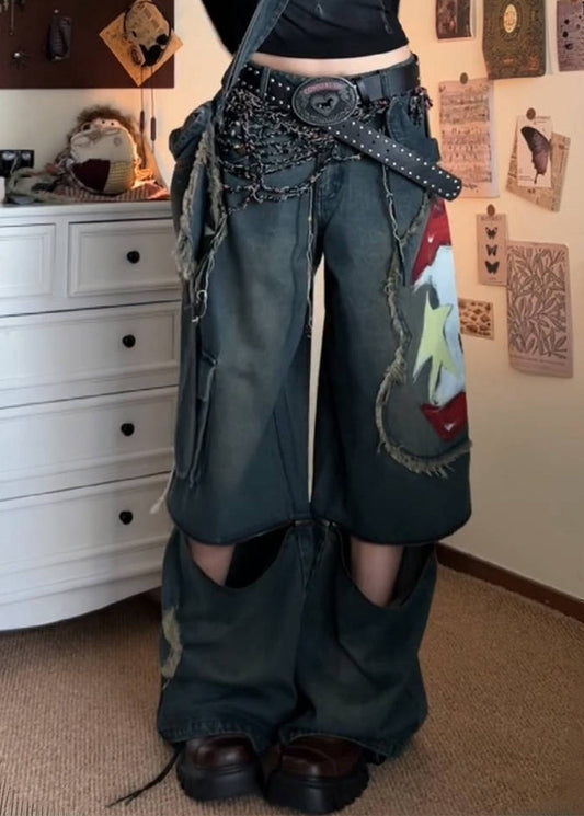 American Style Graffiti Denim Wide Leg Pants Fall Wp031