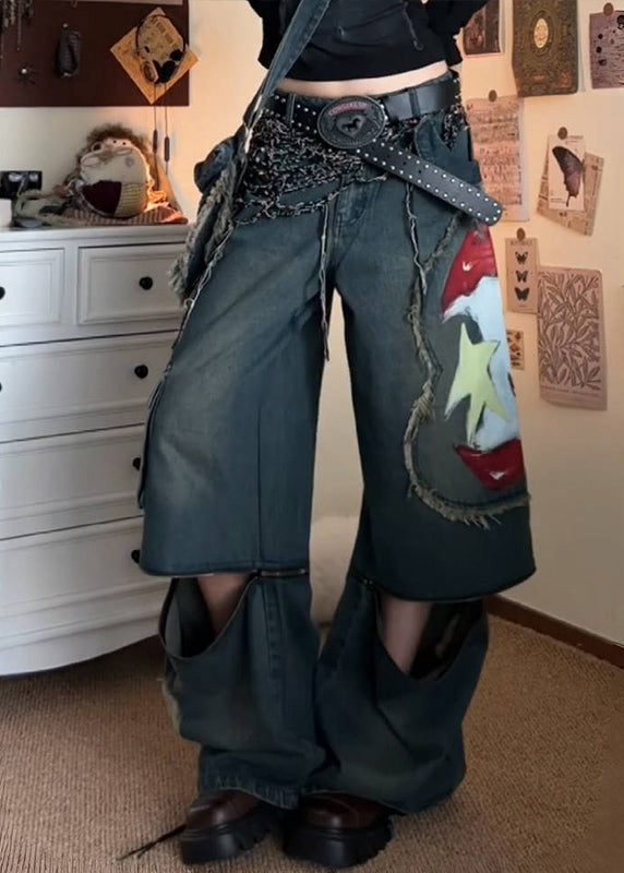 American Style Graffiti Denim Wide Leg Pants Fall Wp031