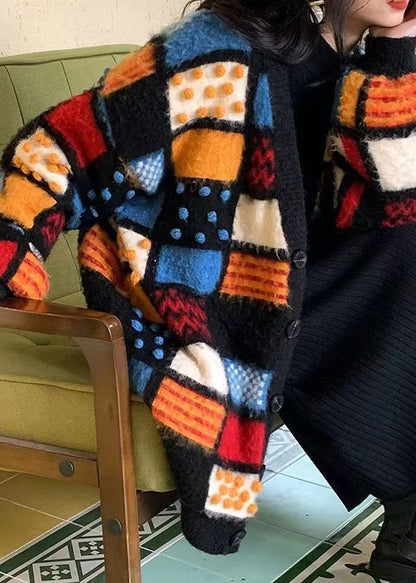 American Style V Neck Plaid Button Woolen Cardigan Fall We028