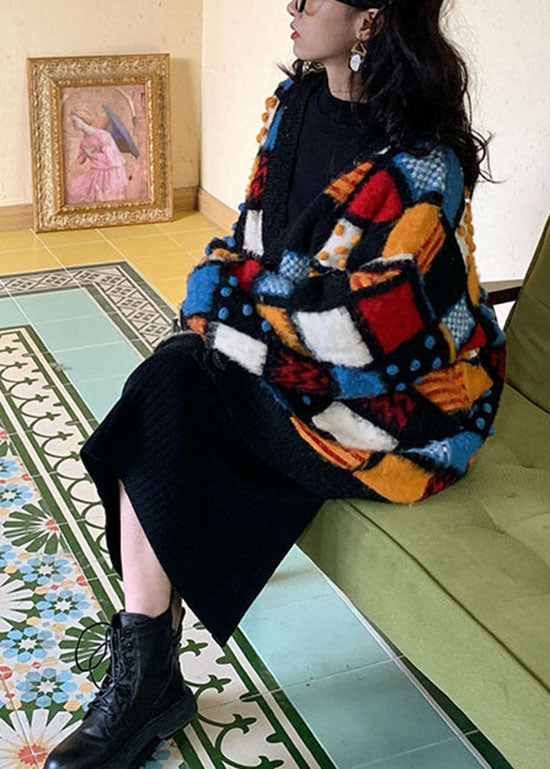 American Style V Neck Plaid Button Woolen Cardigan Fall We028