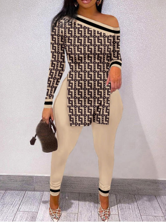 Geometric Print Striped Side Split Pants Set At8036