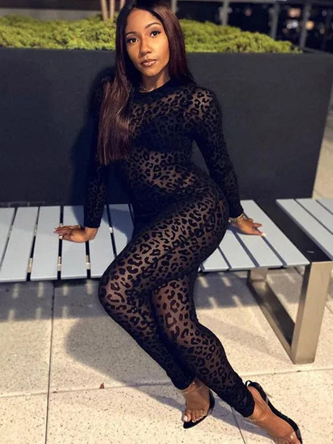 Animal Instinct Mesh Bodystocking Leopard See Through Velour Long Sleeve Rompers Jumpsuit Midnight Clubwear