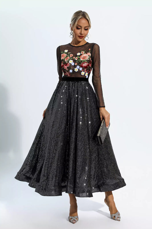 Antonella Black Embroidery Maxi Dress