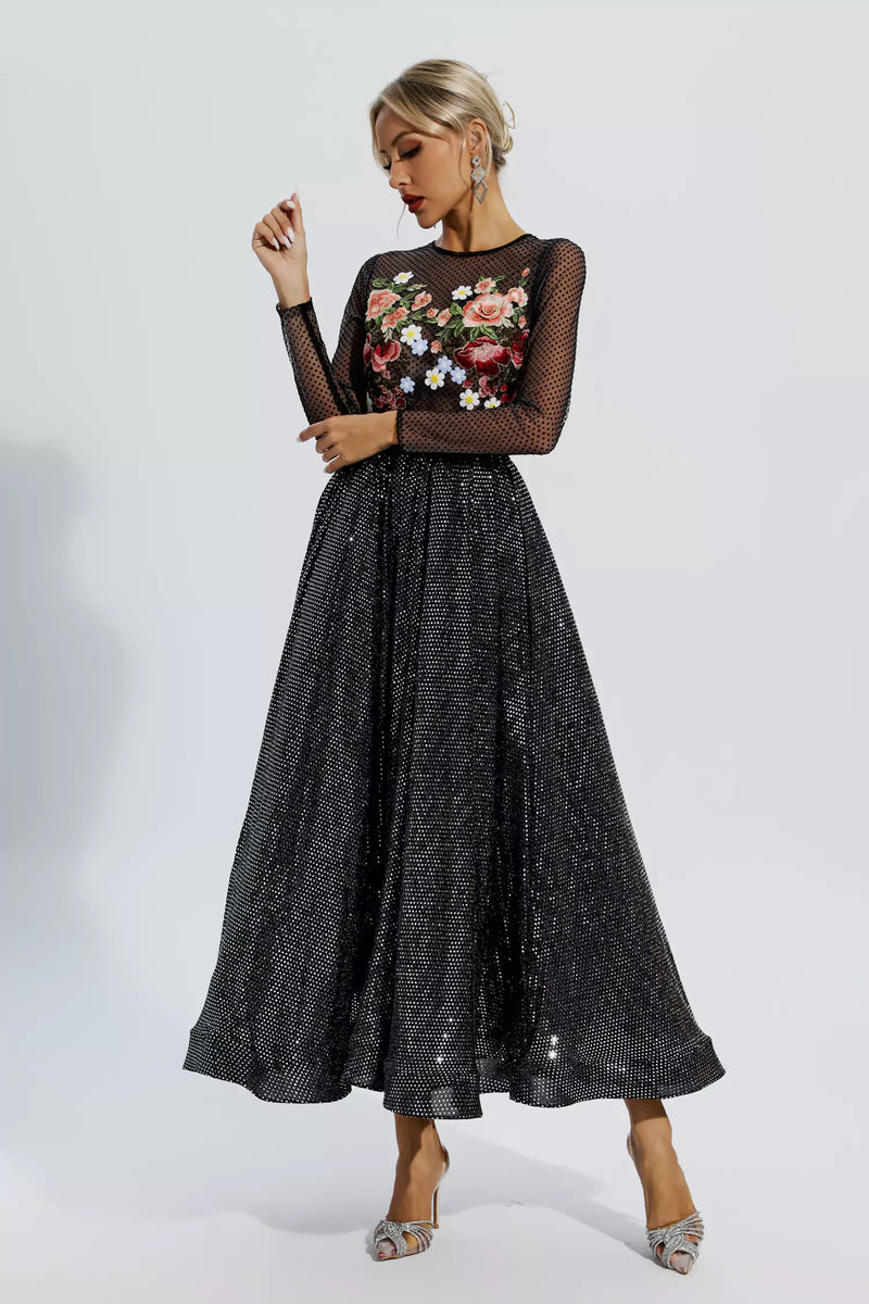 Antonella Black Embroidery Maxi Dress