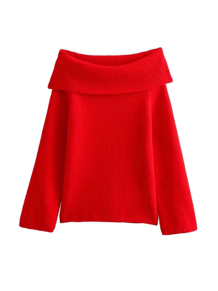 Red Off Shoulder Long Sleeve Slash Neck Knitted Christmas Sweater for