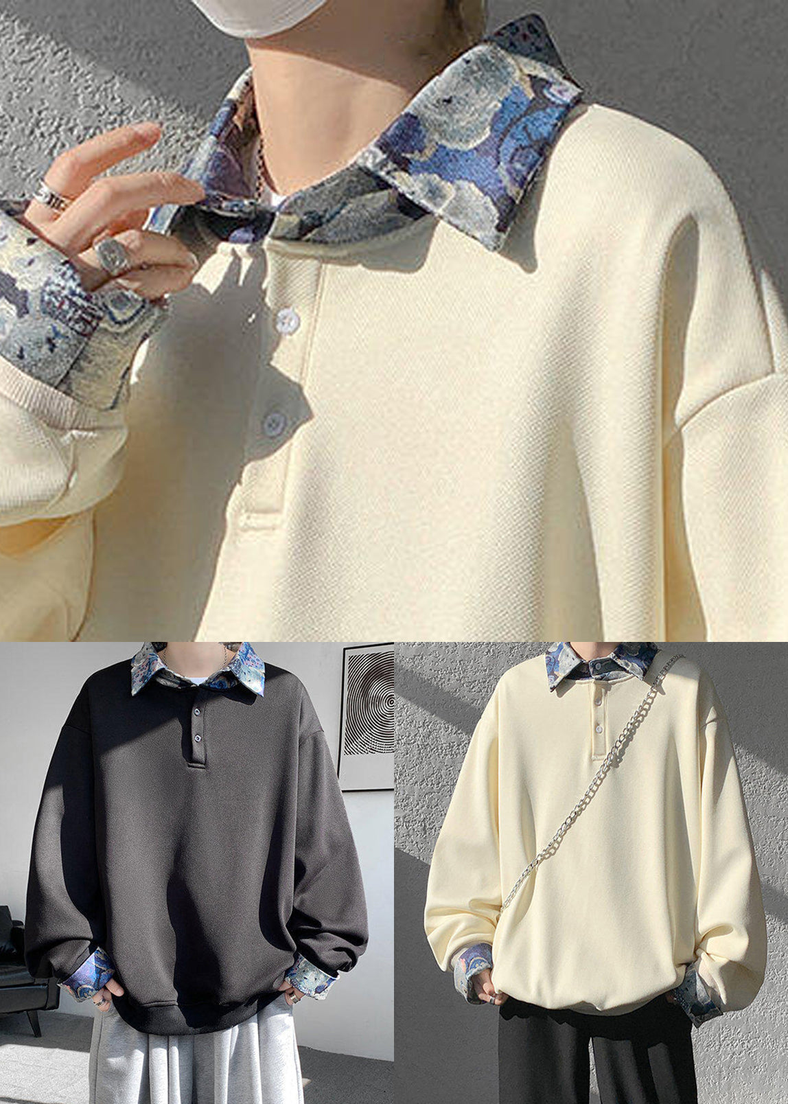 Pan Cotton Collar Black Patchwork Sweatshirts Peter Loose