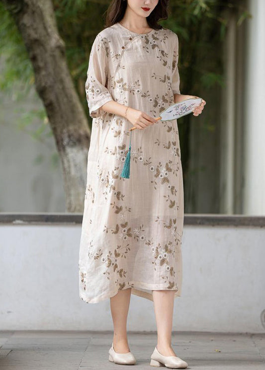 Apricot Button Linen Long Dress O Neck Half Sleeve Mn056