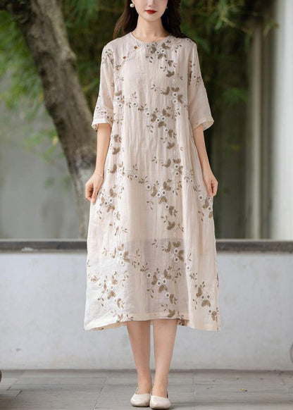 Apricot Button Linen Long Dress O Neck Half Sleeve Mn056