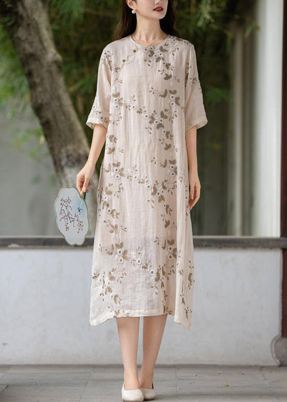 Apricot Button Linen Long Dress O Neck Half Sleeve Mn056