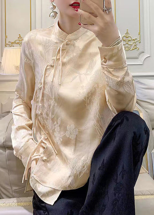 Apricot Button Silk Blouse Stand Collar Long Sleeve Qa1071