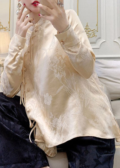 Apricot Button Silk Blouse Stand Collar Long Sleeve Qa1071