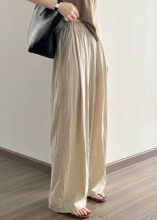 Apricot Pockets Cotton Wide Leg Pants Elastic Waist Qe005