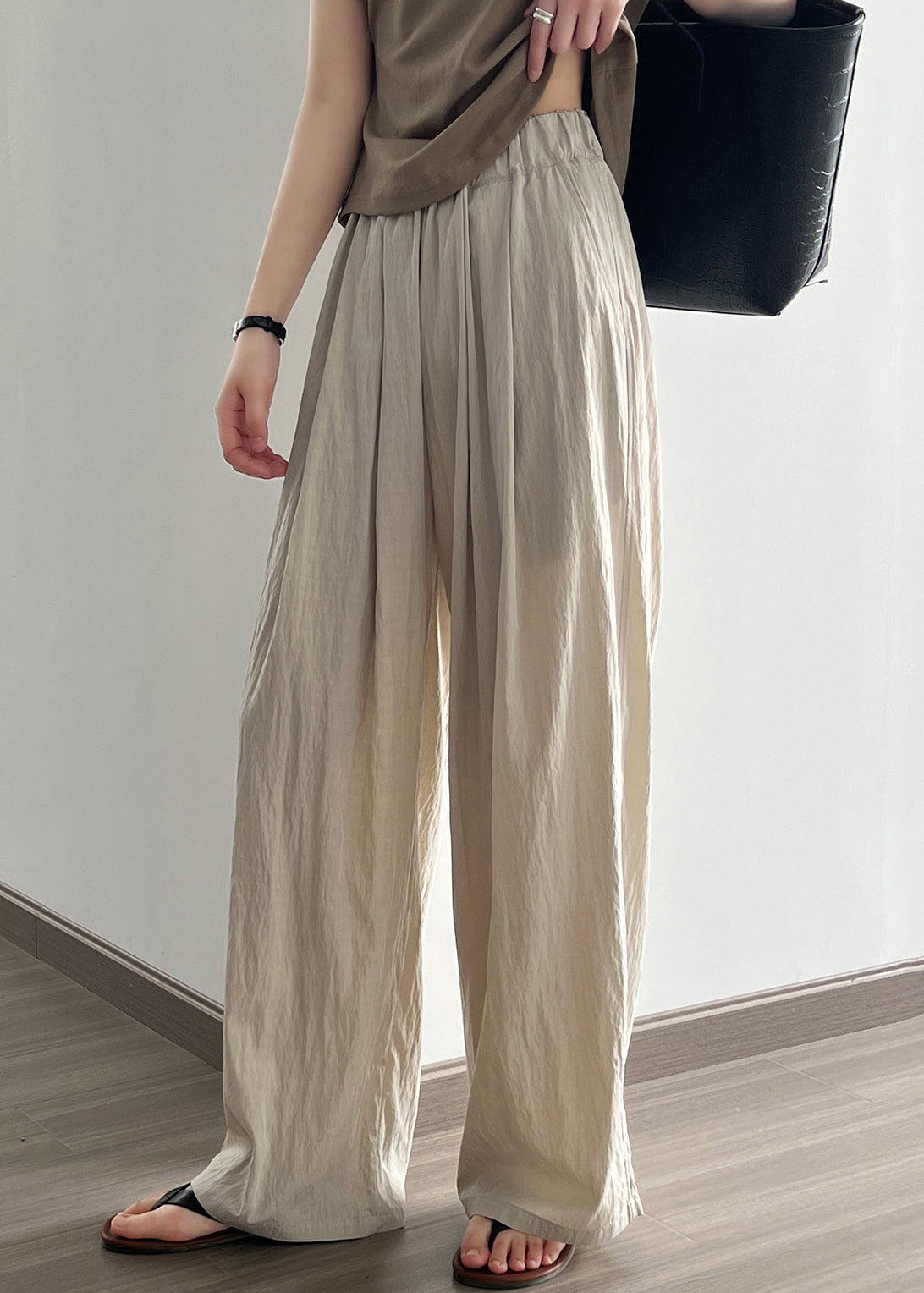 Apricot Pockets Cotton Wide Leg Pants Elastic Waist Qe005