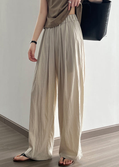 Apricot Pockets Cotton Wide Leg Pants Elastic Waist Qe005