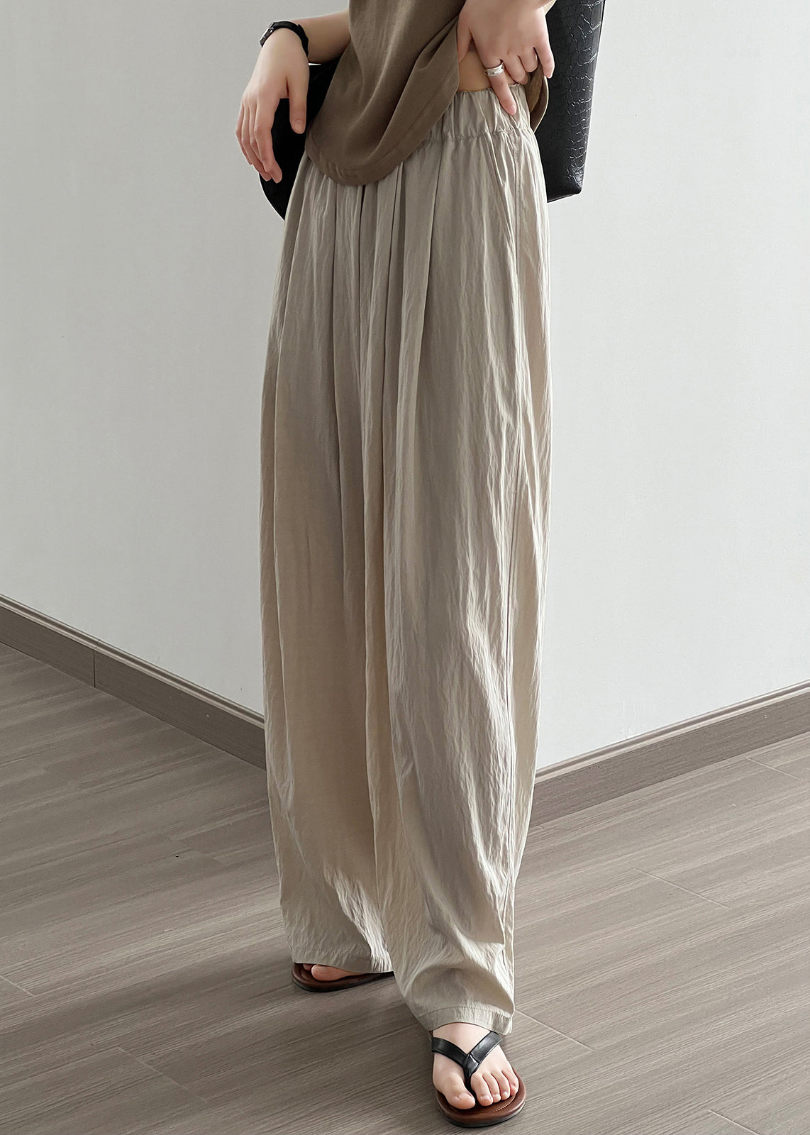 Apricot Pockets Cotton Wide Leg Pants Elastic Waist Qe005