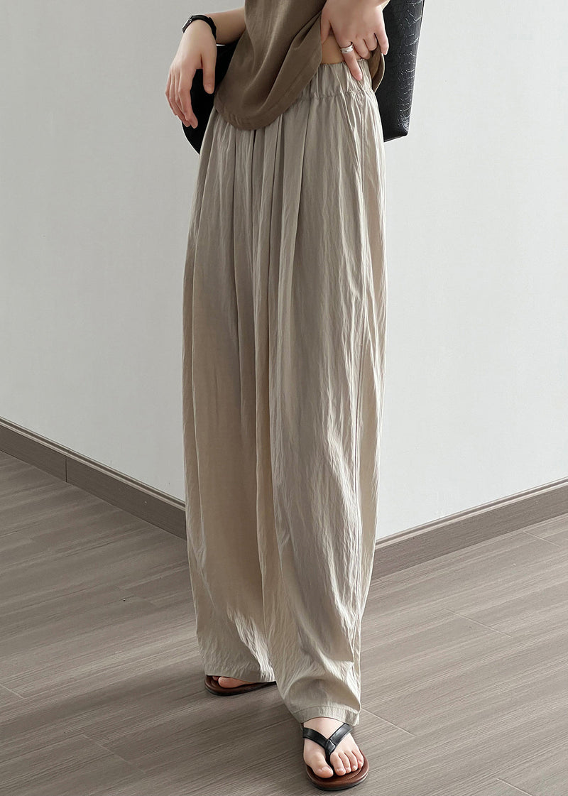 Apricot Pockets Cotton Wide Leg Pants Elastic Waist Qe005