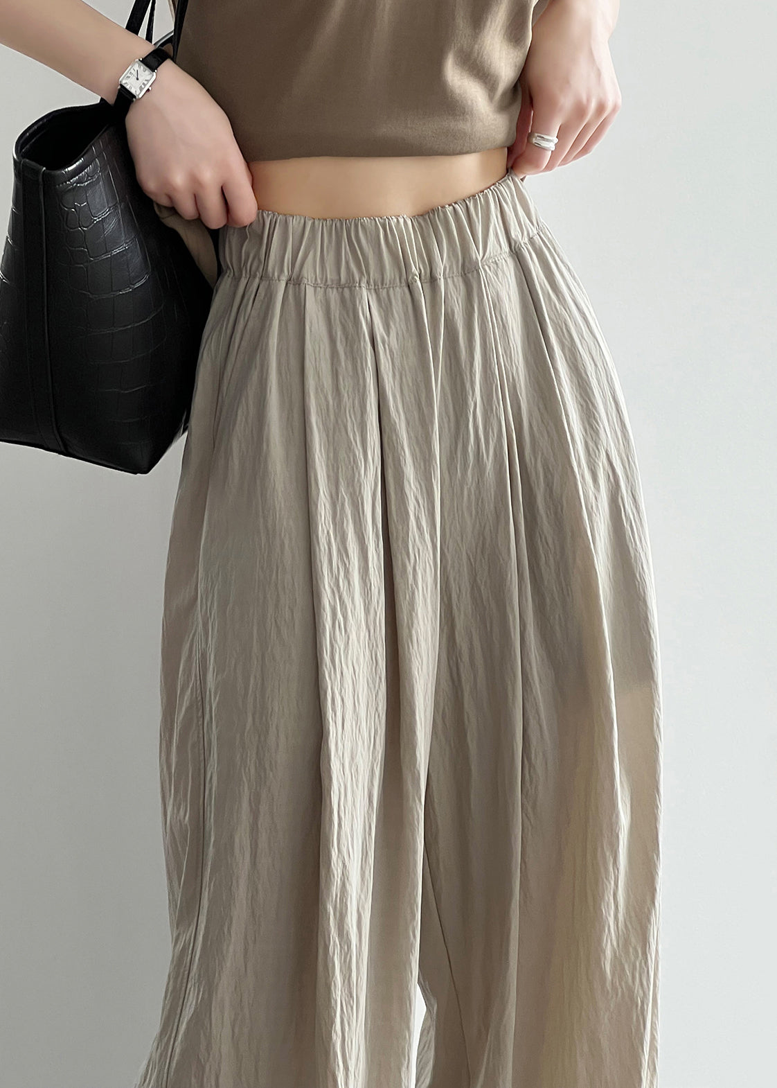 Apricot Pockets Cotton Wide Leg Pants Elastic Waist Qe005