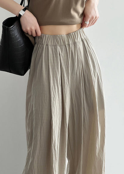 Apricot Pockets Cotton Wide Leg Pants Elastic Waist Qe005