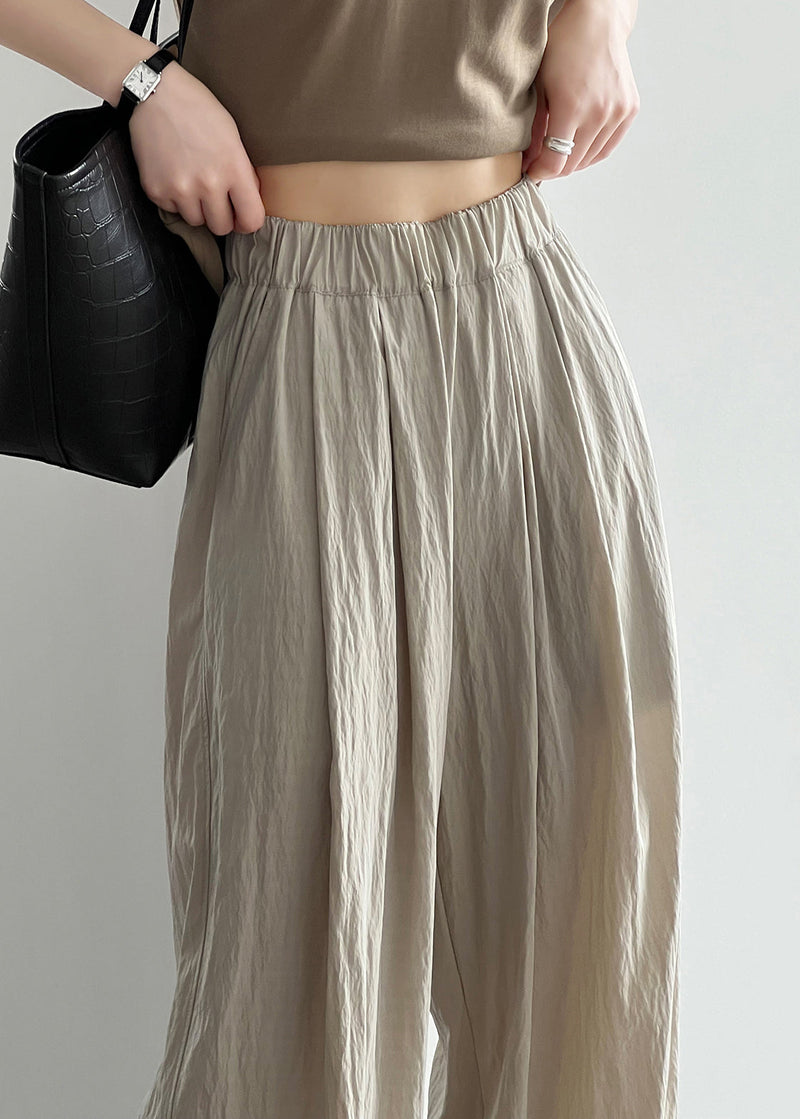 Apricot Pockets Cotton Wide Leg Pants Elastic Waist Qe005
