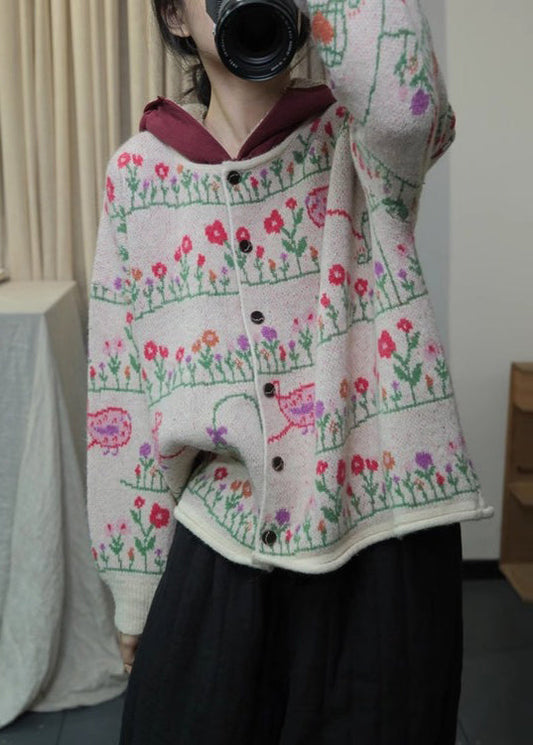 Apricot Print Knit Loose Cardigans O Neck Button Spring Ti004