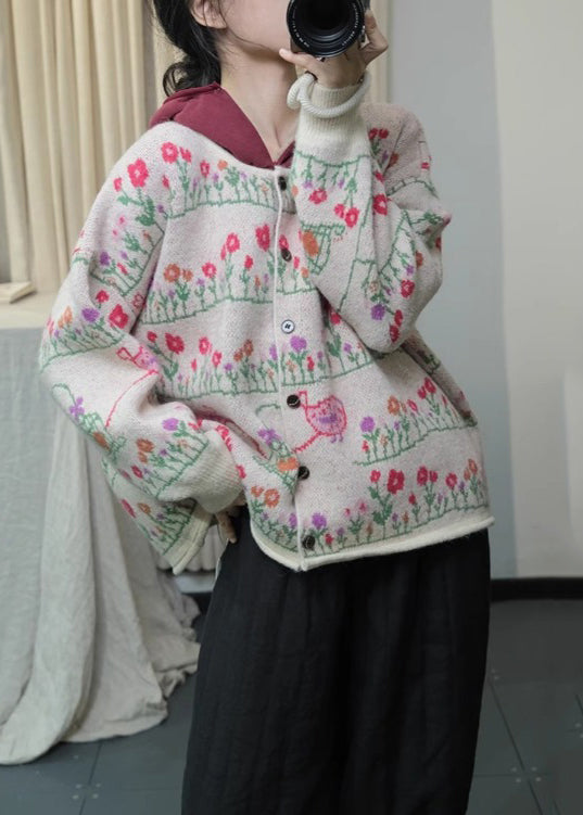Apricot Print Knit Loose Cardigans O Neck Button Spring Ti004