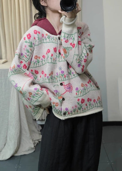 Apricot Print Knit Loose Cardigans O Neck Button Spring Ti004