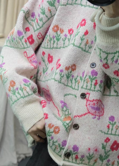 Apricot Print Knit Loose Cardigans O Neck Button Spring Ti004